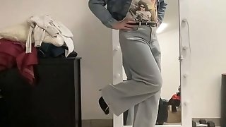 Crossdresser In Broad Gam Flare Palazzo Jeans, Slave T-t-shirt And Crop Jeans Jacket Masturbating For You
